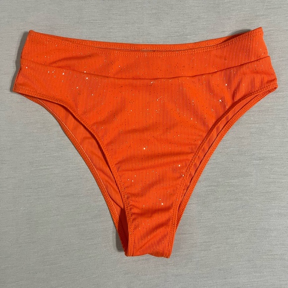 Orange Glitter Women's Swimsuit High Waisted Bikini Bottom - Picture 1 of 5